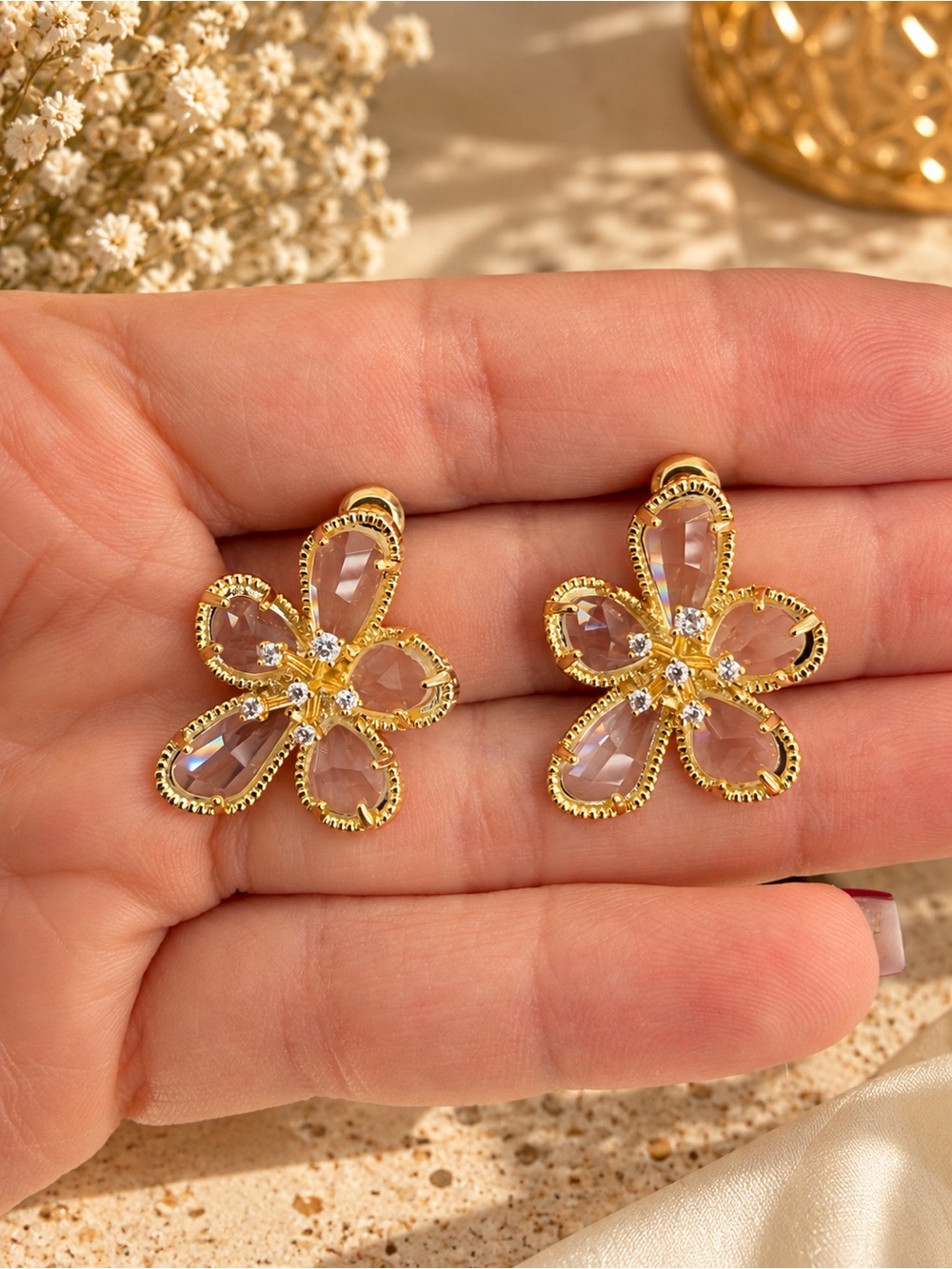 Gold Floral Crystal Drop Earrings